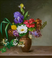 Vaso alla greca con iris e lillà (olio su metallo)