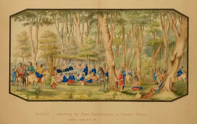 Sa-tan-ti che si rivolge ai commissari di pace a Council Grove, Medicine Lodge Creek