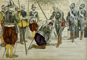 Carlo II di Cossé Brissac, fatto maresciallo di Francia da Enrico IV prima di entrare a Parigi il 22 marzo 1594. Il prevosto dei mercanti Jean Lhuillier (?) in piedi accanto tiene le chiavi della città. Illustrazione del 1907