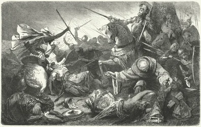Cristiani che combattono gli Almohadi alla battaglia di Las Navas de Tolosa, Spagna, 1212