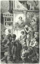 Giovanni Boccaccio che recita la Divina Commedia di Dante al popolo di Firenze, XIV secolo