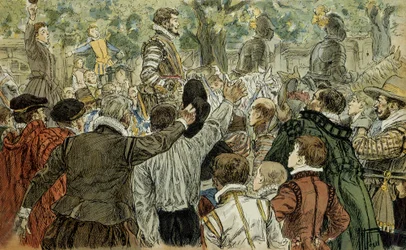 Enrico di Guisa (1549-1588), capo della Lega cattolica, acclamato dai parigini dopo la giornata delle barricate (12 maggio 1588). Illustrazione del 1907 di Hermann Vogel (1856-1918). Collezione privata.