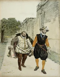Enrico IV (1553-1610) e Carlo di Lorena, duca di Mayenne (1554-1611). Primo incontro di riconciliazione tra i due nemici, Mayenne, capo dei leghisti, e il re, nei giardini del castello di Montceaux, nella Brie, nel 1596. Illustrazione