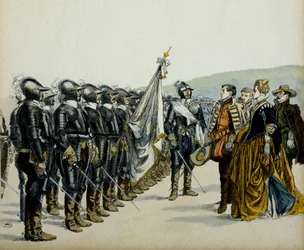 Giovanna III di Navarra e suo figlio Enrico IV davanti alle sue truppe protestanti. Illustrazione di Hermann Vogel in 