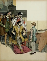 Il Re di Francia Enrico II (1519-1559) circondato dai suoi gentiluomini ama interrogare Enrico IV (1553-1610) da bambino per le sue risposte. Illustrazione di Hermann Vogel (1856-1918) in 