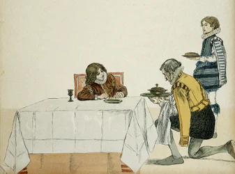 Il giovane Luigi XIII, non ancora re, servito dal suo governatore dopo la morte del padre Enrico IV. Illustrazione