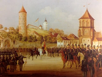 Hermann Volz Sfilata della milizia di Biberach alla Riedlinger Tor nel 1849