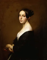 Ritratto di dama, a mezza figura, con abito nero e un garofano in mano