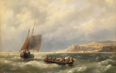 Paesaggio marino con figure in barca (olio su tela)
