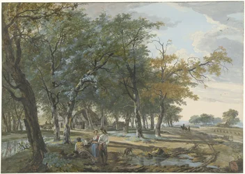 Paesaggio con una casa tra alberi e una strada lungo i campi