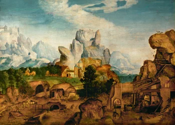 Paesaggio industriale con miniera e fucina di ferro (olio su tavola)