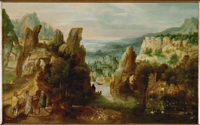 Paesaggio con gli apostoli in cammino verso Emmaus (dipinto su legno di quercia)