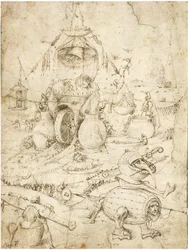 Paesaggio infernale di Bosch, Hieronymus (c. 1450-1516). Penna, inchiostro indiano marrone su carta, c. 1500, Collezione privata