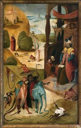 San Giacomo Maggiore e il mago Hermogene. Dipinto di Hieronymus Van Aeken (Aken) detto Jerome Bosch (1450-1516), olio su legno
