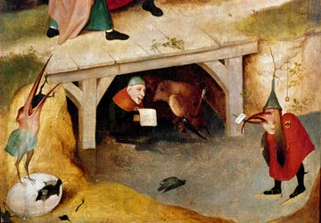 Trittico delle tentazioni, dettaglio. Lato sinistro: la fuga e la caduta di Sant