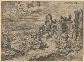 Rovine del Palatino con panorama paesaggistico, foglio 3 della serie "Praecipua aliquot Romanae Antiquitatis Ruinarum Monimenta [...]"