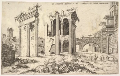 Veduta di rovine non identificate con facciata trabeata a sinistra, arcate al centro e arco
