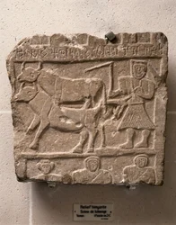 ARTE IMIARITA: Rilievo con scena di lavoro. Yemen., II secolo a.C. (pietra)
