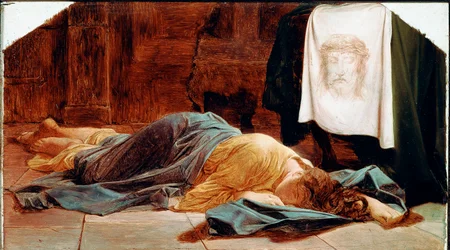 Santa Veronica. La giovane donna è svenuta vicino alla Sacra Sindone. Il Santo Velo rappresenta il volto di Cristo il cui sudore si dice che Veronica abbia asciugato durante la salita al Calvario. Dipinto di Paul Delaroche. XIX secolo. Parigi, Museo del Lo