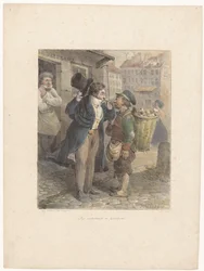 Gentiluomo ben vestito accende il suo sigaro alla pipa di un operaio in stracci (serie: Schizzi litografici)