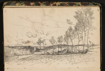 Paesaggio con alberi e una fattoria, pagina da un taccuino di schizzi