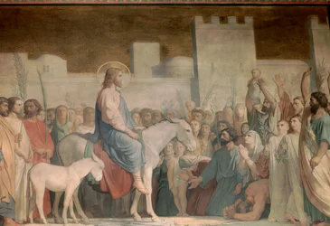 Ingresso di Cristo a Gerusalemme la Domenica delle Palme: gli abitanti lo salutano con gioia stendendo le loro vesti a terra e agitando rami d