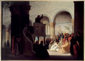 Savonarola (1452-1498) predica a San Miniato a Firenze. Girolamo Savonarola (1452-1498), frate domenicano e predicatore italiano che governò Firenze dal 1494 al 1498