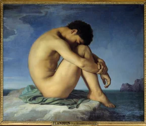Giovane nudo seduto in riva al mare - Pensatore in posizione raccolta (introspezione). Dipinto di Hippolyte Flandrin (1809-1864), 1836.