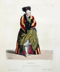 Attore francese Henri Louis Cain detto Lekain o Le Kain (1729-1778) nel ruolo di Orosmane nella commedia Zaire di Voltaire (1694-1746) alla Comédie Française. Litografia di Hippolyte Lecomte (1781-1857) XIX secolo Collezione privata