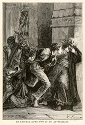 Ha abbattuto due dei suoi avversari, da Il giro del mondo in ottanta giorni di Jules Verne (1828-1905) inciso da Louis Dumont (n.1822), 1873