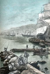 Illustrazione in cromotipografia per "Clovis Dardentor" di Jules Verne, incisione di L. Benett per l