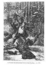 Il francese riuscì a stenderne tre con un pugno, illustrazione da Il giro del mondo in ottanta giorni di Jules Verne (1828-1905) inciso da Henri Theophile Hildibrand (1824-97) 1873