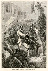 Se Fix non avesse ricevuto il colpo, da Il giro del mondo in ottanta giorni di Jules Verne (1828-1905) inciso da Henri-Théophile Hildebrand (1824-97), 1873