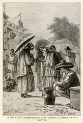 Durante la sua passeggiata Passepartout incontrò un certo numero di vecchi nativi, da Il giro del mondo in ottanta giorni di Jules Verne (1828-1905) inciso da Adolphe François Pannemaker (1822-1900), 1873