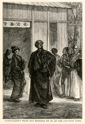 Passepartout uscì avvolto in una vecchia veste giapponese, da Il giro del mondo in ottanta giorni di Jules Verne (1828-1905) inciso da Louis Prevost, 1873