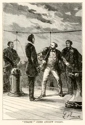 Pirata! gridò Andrew Speedy, da Il giro del mondo in ottanta giorni di Jules Verne (1828-1905) inciso da Louis Dumont (n.1822), 1873