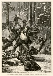 Il francese aveva stordito tre con i suoi pugni, da Il giro del mondo in ottanta giorni di Jules Verne (1828-1905) inciso da Henri-Théophile Hildebrand (1824-97), 1873