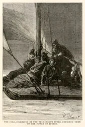 Il freddo, aumentato dalla velocità tremenda, li privò del potere della parola, da Il giro del mondo in ottanta giorni di Jules Verne (1828-1905) inciso da Adolphe François Pannemaker (1822-1900)