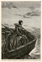La giovane donna, seduta a poppa, era persa nella contemplazione, da Il giro del mondo in ottanta giorni di Jules Verne (1828-1905) inciso da Jean Louis Prevost, (1790-1850), 1873