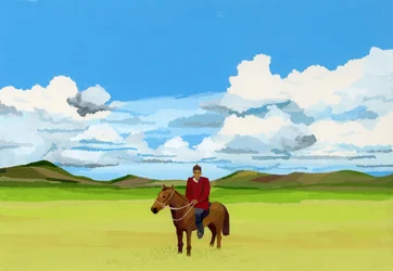 Steppe mongole e persone a cavallo