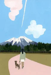 Passeggiata con cane e scia di aereo