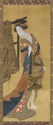Una cortigiana vicino a un appendiabiti, periodo Edo