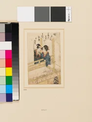 Una giovane donna e un giovane uomo parlano sul balcone del negozio di stuzzicadenti di Saruya, fine XVIII-inizio XIX secolo (xilografia)