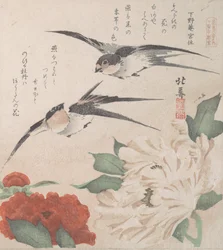 Collezione Pioggia di Primavera Harusame shu, vol. 3: Rondini e peonie, ca. 1820