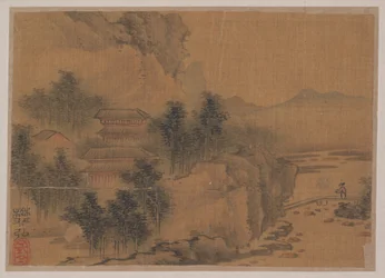 Paesaggio con uomo che attraversa il ponte (miniatura da un album di undici dipinti; inchiostro e colore su seta)