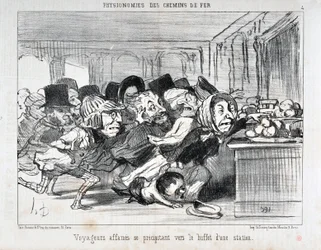Opera di Honoré Daumier (1808-1879) Charivari del 1852: Serie PHYONOMIES DES CHAIN DE FERR Viaggiatori affamati si precipitano verso il buffet di una stazione MUSEE DES BEAUX ARTS - PALAIS LONGCHAMP, MARSEILLE