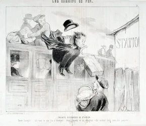 Opera di Honoré Daumier (1808-1879). Charivari del 1843: Serie LES Chemins de fer Trenta secondi di stazione "-Tiens Joseph! vla tutto quello che devo mandarti... tre pacchi e un viaggiatore - Soprattutto cura dei pacchi" MUSEE DES BEAUX ART