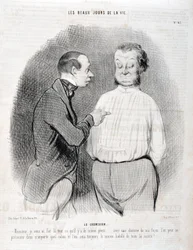 Opera di Honoré Daumier (1808-1879). Charivari del 1845: Serie LES BEAUX DAYS DE LA VIE. La camicia -Signore, ti ho fatto il miglior vestito... con una camicia a modo mio puoi presentarti in qualsiasi salotto e saremo sempre i meglio vestiti