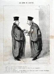 Opera di Honoré Daumier (1808-1879). Charivari del 1845: Serie LES PEOPLES DE JUSTICE -Come ti ho detto veramente il tuo fatto! Eravamo belli. Eravamo belli!... è davvero solo nel Palazzo che sappiamo come discutere e parlarne