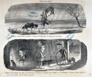 Opera di Honore Daumier (1808-1879) Charivari del 1853: Serie Sketches de Chasse - Partenza alle cinque del mattino, - il cacciatore trova che il tempo è incerto - Ritorno alle sei di sera, - il cacciatore è sicuro, ha riconosciuto che